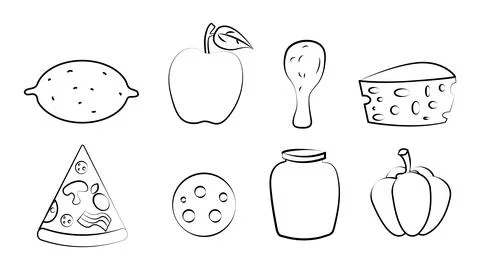 Black and white set of eight icons of delicious food and snacks items for a c Stock Illustration