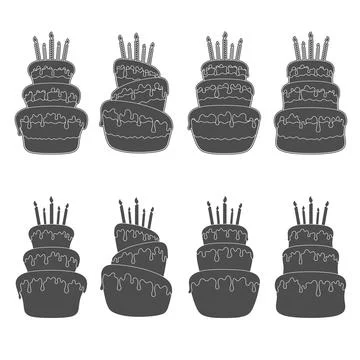 Black and white set of illustrations with a birthday cake. Stock Illustration