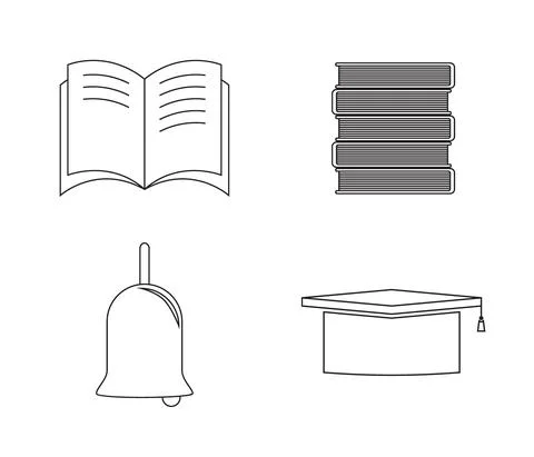 Black and white set of student icons: stacked books, graduate cap, bell, open Stock Illustration