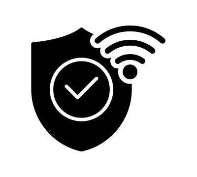 Black and White Shield Icon with Wi-Fi Signal and Checkmark Symbol Stock Illustration