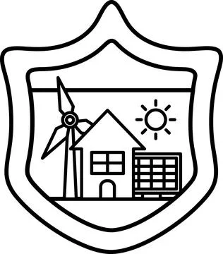 A black and white shield with a windmill, house, and sun Ilustración de archivo