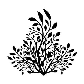 A black and white silhouette of a tree with leaves vector design, Stock Illustration