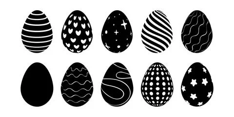 Black and white silhouettes, Easter eggs with various patterns, vector イラスト素材