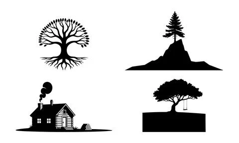 Black and white silhouettes of trees and house roots Stock Illustration