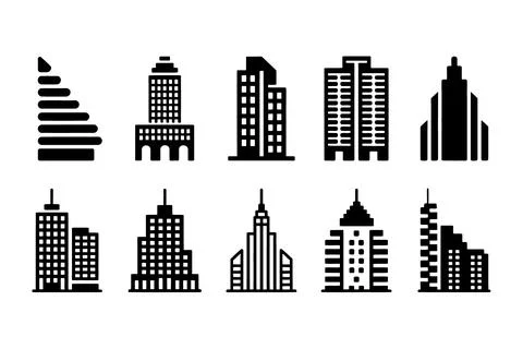 Black and white silhouettes of various city buildings and skyscrapers Ilustración de archivo