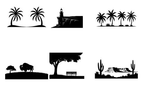 Black and white silhouettes of various landscapes and animals palm trees Stock Illustration