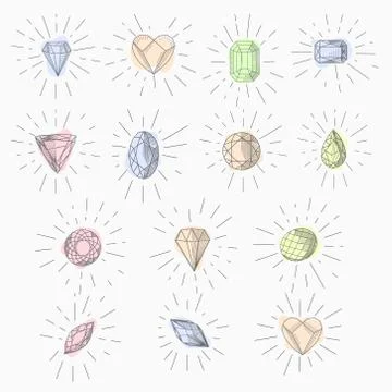 Black and white simple line art symbol of diamond with rays around Stock Illustration