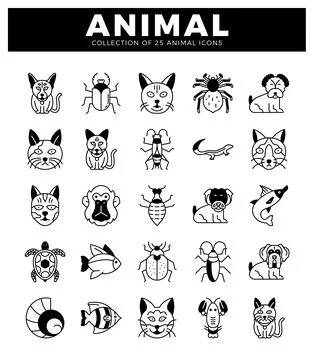 Black and white simple line art animal icons on a white background. represe.. Stock Illustration