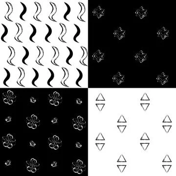 Black and white simple patterns with waves, flowers and triangles Stock Illustration