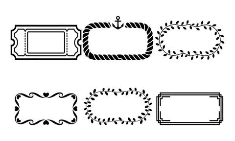 Black and white of six blank ornate frames borders Stock Illustration
