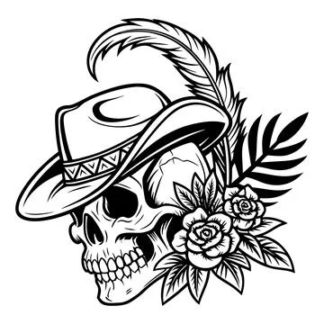 Black and white of a skull wearing a fedora hat adorned with a feather. Stock Illustration