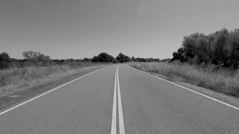 Black and White Slow Motion Drive Down the Center of an Empty Country Road Stock Footage 320266062