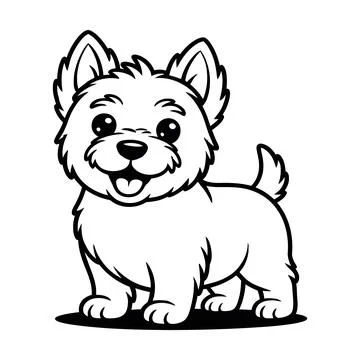 Black and white of a small dog with a happy expression cartoon happy dog Stock Illustration