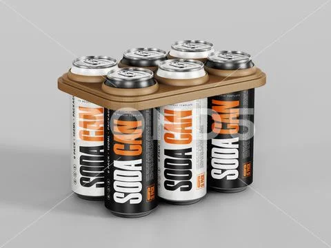 Black and White Soda Can Six-Pack Mockup with Carrier Tray on Gray Background PSD Template