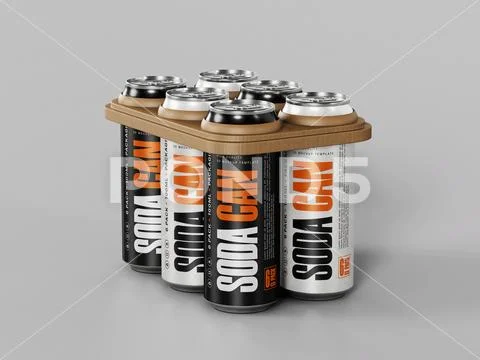 Black and White Soda Can Six-Pack Mockup with Carrier Tray on Gray Background PSD Template