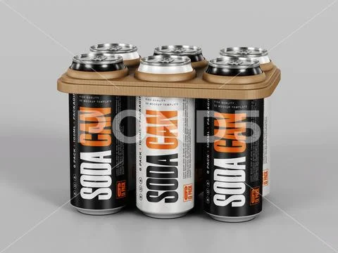 Black and White Soda Can Six-Pack Mockup with Carrier Tray on Gray Background PSD Template