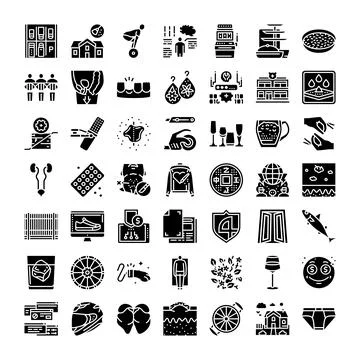Black and white solid icons set depicting various concepts 库存插图
