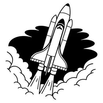 Black and white of a space shuttle launching into the sky with smoke. Stock Illustration