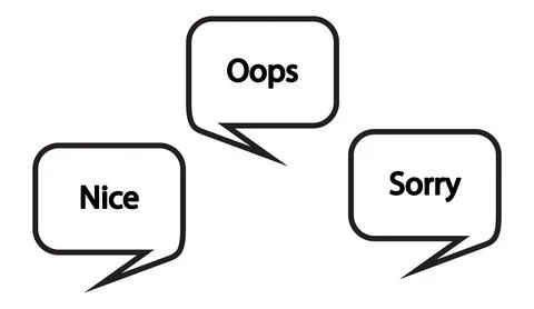 Black and white speech bubbles with text nice oops and sorry on white background Stockillustratie