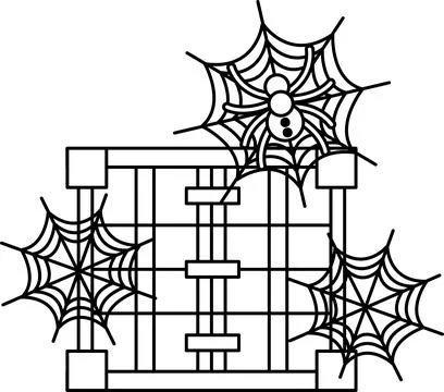 Black and white spider sits atop cobwebbed wooden crate Stock Illustration