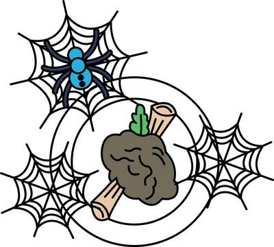 Black-and-white spiderwebs frame a cartoonish brain Stock Illustration