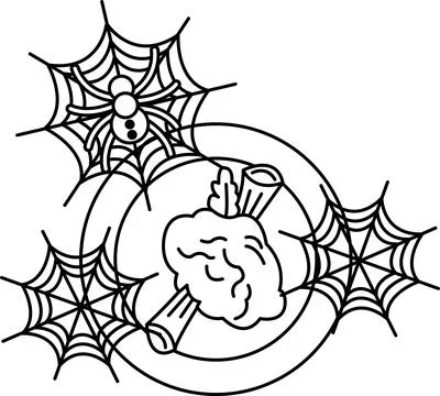 Black-and-white spiderwebs frame a cartoonish brain Stock Illustration