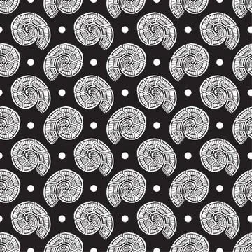 Black and white spiral pattern. Ammonite seamless background. Seashells patte Illustrazione stock