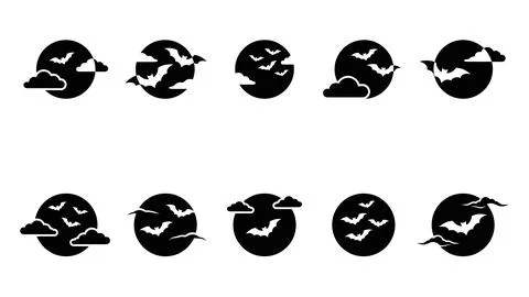 Black and white spooky moon and bats collection for halloween night sky desig Stock Illustration