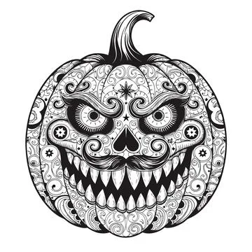 Black and white spooky pumpkin with skull face and intricate patterns for Stock Illustration