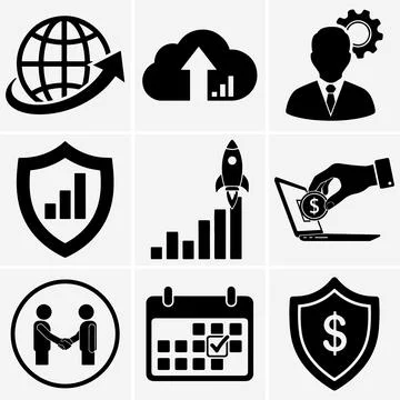 This black and white square-format features business-related icons demonstrat Stock Illustration