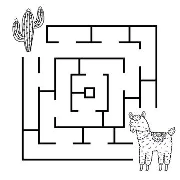 Black and white square shape maze game with funny llama Stock Illustration