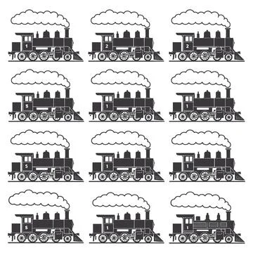 Black and white steam train with numbers and clouds Stock Illustration