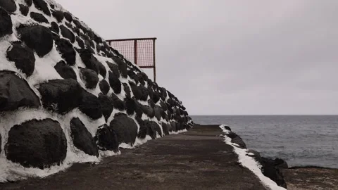 Black and White Stone Wall on the Ocean. Lomba da Fazenda,Sao Miguel. Stock Footage 240432389