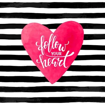 Black and white striped background with watercolor heart. Hand drawn letter.. 스톡 일러스트