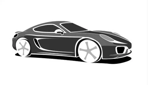 Black and white Stylized Car, Side view, Three-quarter view. Fast Racing car. Stock Illustration