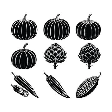 Black and white stylized of pumpkins artichokes and okra squash gourd veget.. Stock Illustration