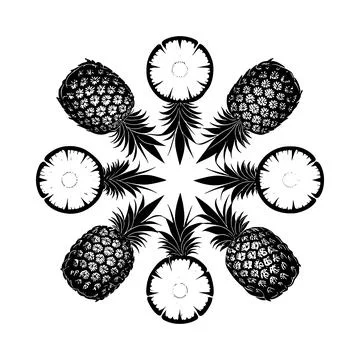 Black and white symmetrical pineapple pattern with whole and sliced fruits .. Stock Illustration