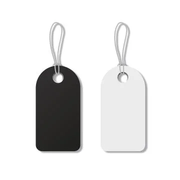 Black and white tags with strings isolated on white background. Vector realistic Stock Illustration