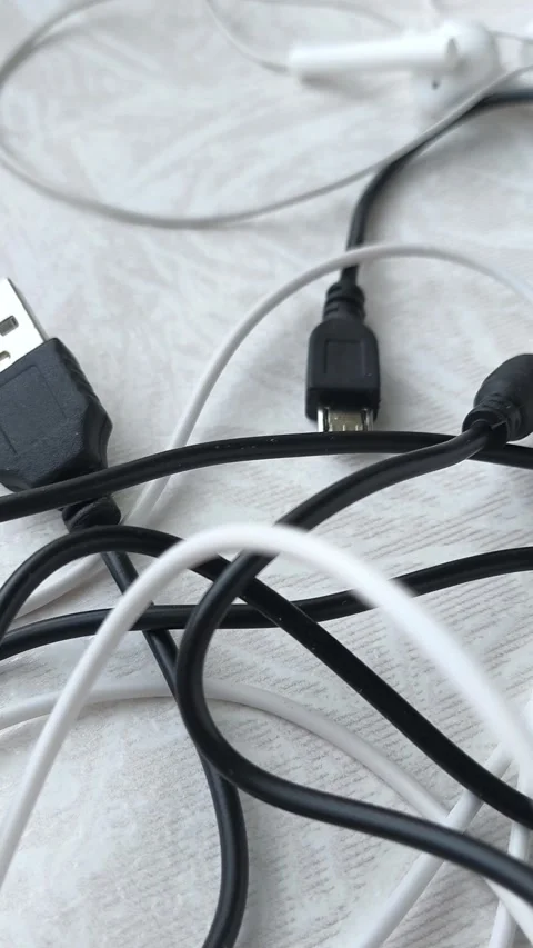 Black and white tangled cables, wires on the table at home close-up. The concept Stock Footage 316117786