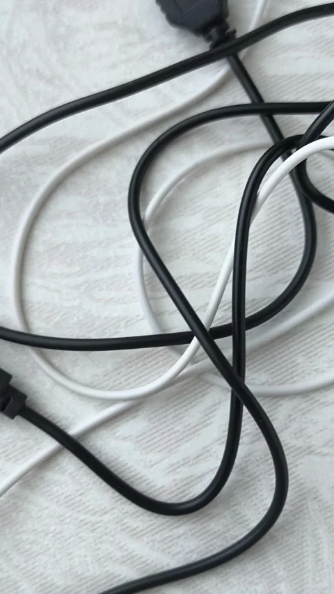 Black and white tangled cables, wires on the table at home close-up. The concept Stock Footage 316117928