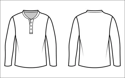 Black and white technical flat sketch of a long sleeve henley shirt, front an Illustrazione stock