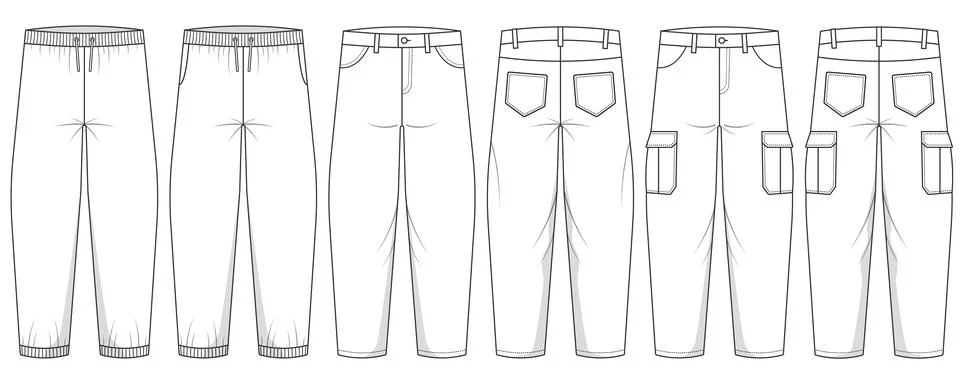 Black and white technical line drawing set featuring jogger pants, classic .. Stock Illustration