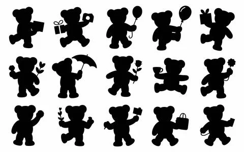 Black and white teddy bear holding gifts and flowers present rose Stock Illustration