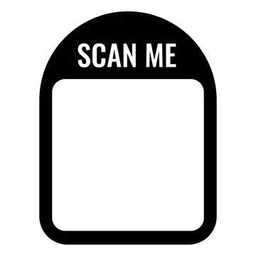 Black and white template of an empty QR code frame with the text "SCAN ME." Stock Illustration