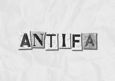 A black and white text collage graphic illustration on the concept of antifa, Stock Illustration