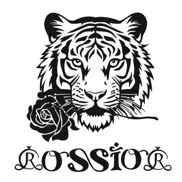 Black and White Tiger Head Vector Illustration with Rose in Mouth Stock Illustration