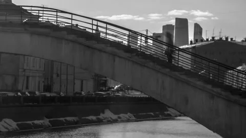 Black and white time lapse  video with silhouettes of people walk the stairs  Stock Footage 88052748