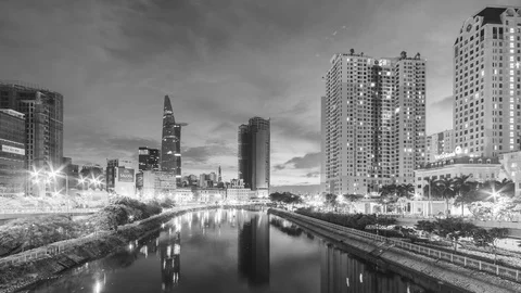 Black and white Time lapse of Saigon city skyline with famous Bitexco Tower Stock Footage 115957468