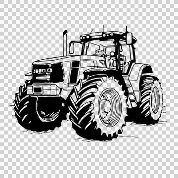 Black And White Tractor wheels engine cabin Stock Illustration