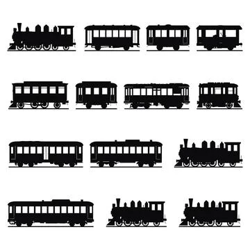 Black and white train and carriage silhouettes on white background イラスト素材